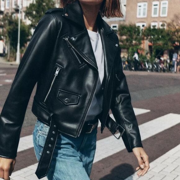 ZARA Faux Leather Cropped Biker Jacket - Picture 2 of 7